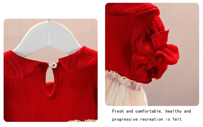 Girls Red Knit Princess Dress with Bow Gauze Skirt — feature 12