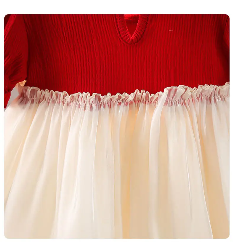 Girls Red Knit Princess Dress with Bow Gauze Skirt — feature 17
