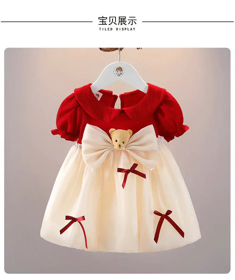 Girls Red Knit Princess Dress with Bow Gauze Skirt — feature 9