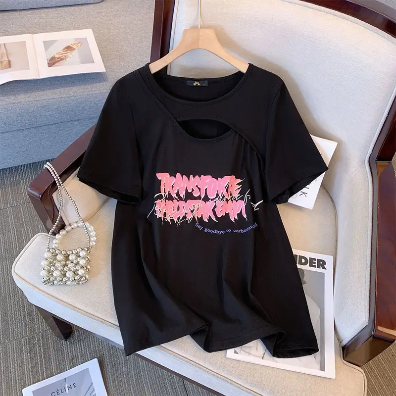 2024 Summer Women Black T-Shirt with "TOMY" Graphic