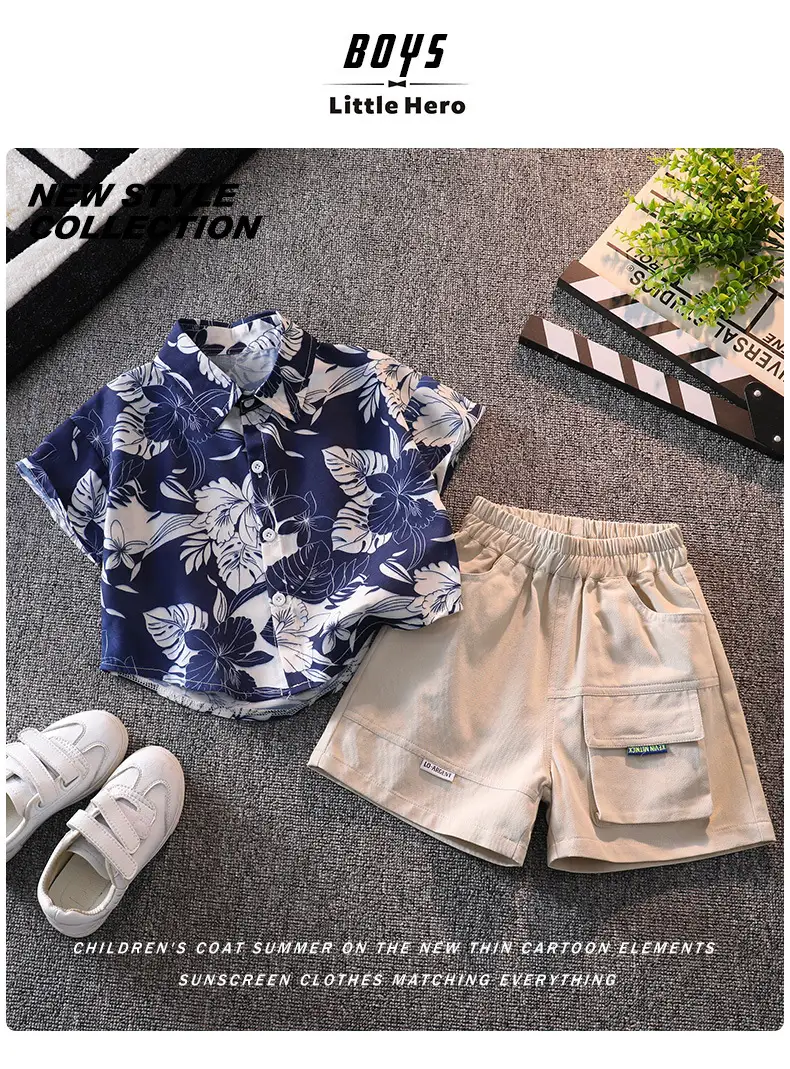 Boys' Blue Floral Shorts Set with Sneakers — feature 1