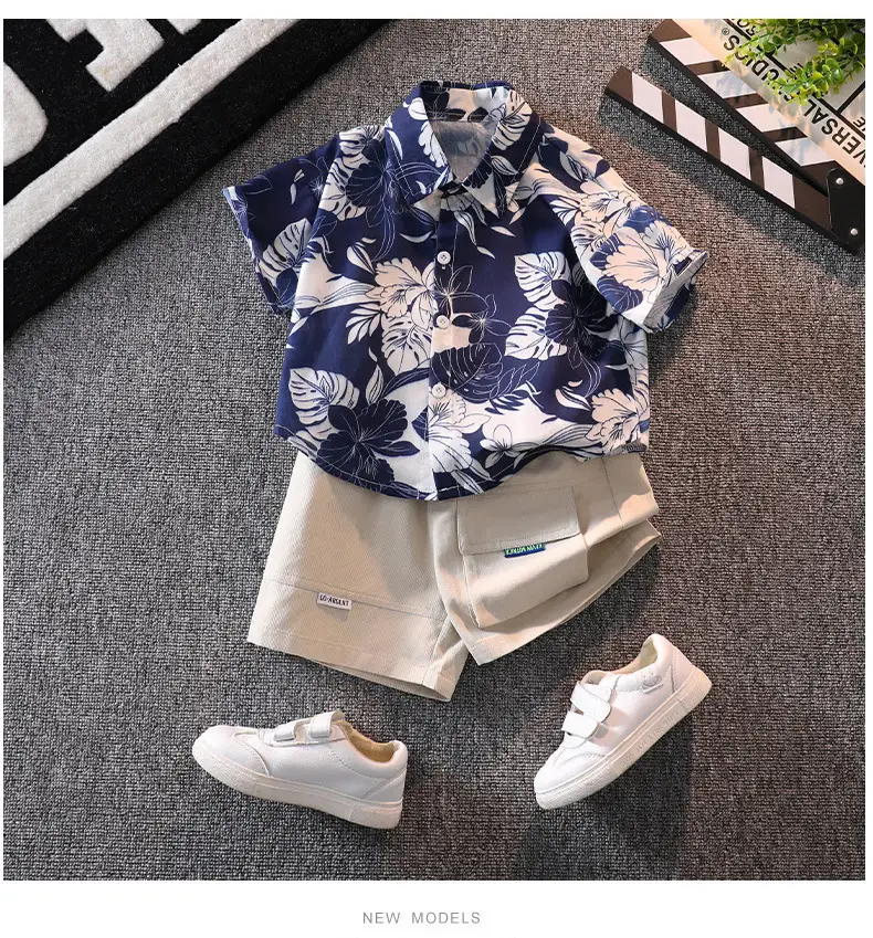 Boys' Blue Floral Shorts Set with Sneakers — feature 10