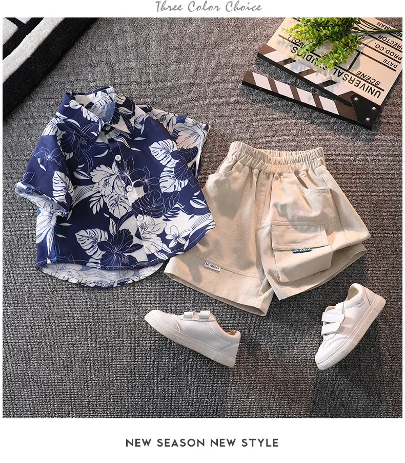 Boys' Blue Floral Shorts Set with Sneakers — feature 11