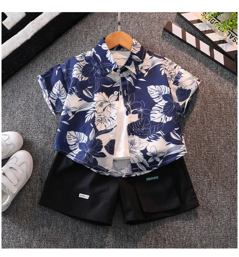 Boys' Blue Floral Shorts Set with Sneakers — feature 12