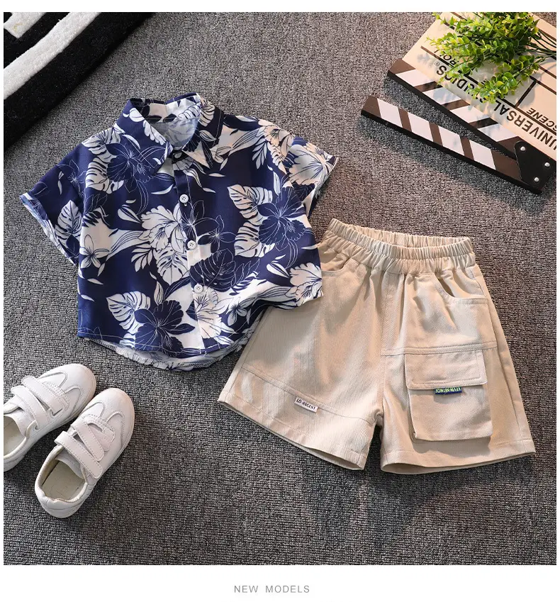 Boys' Blue Floral Shorts Set with Sneakers — feature 7