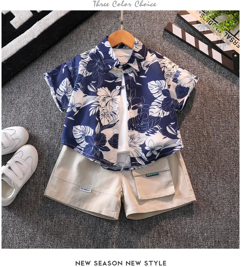 Boys' Blue Floral Shorts Set with Sneakers — feature 8