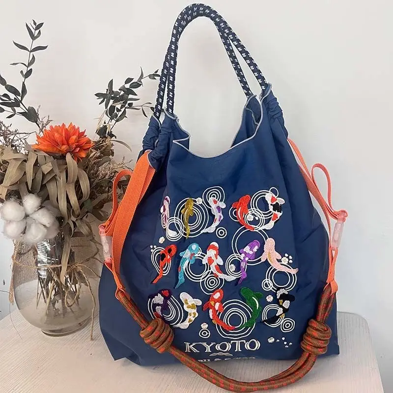 Japanese Embroidered Canvas Shoulder Bag with Chain Handle - Image 31