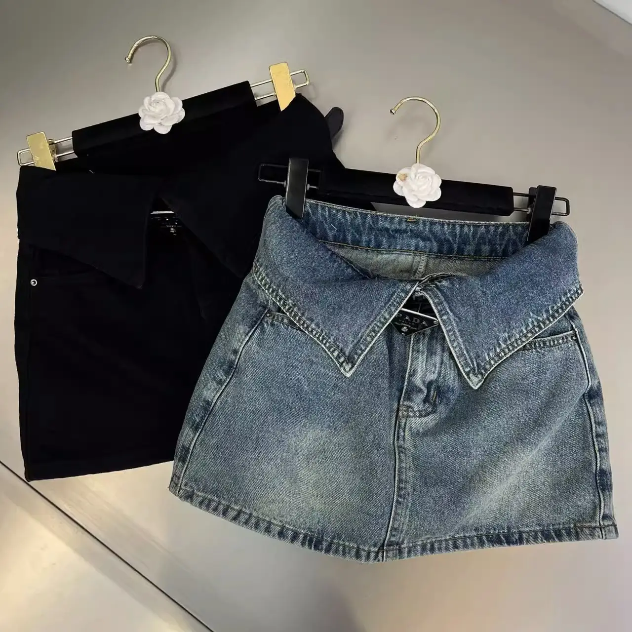 Women Denim High Waist Cuff Skirt Black 2023 — feature 3
