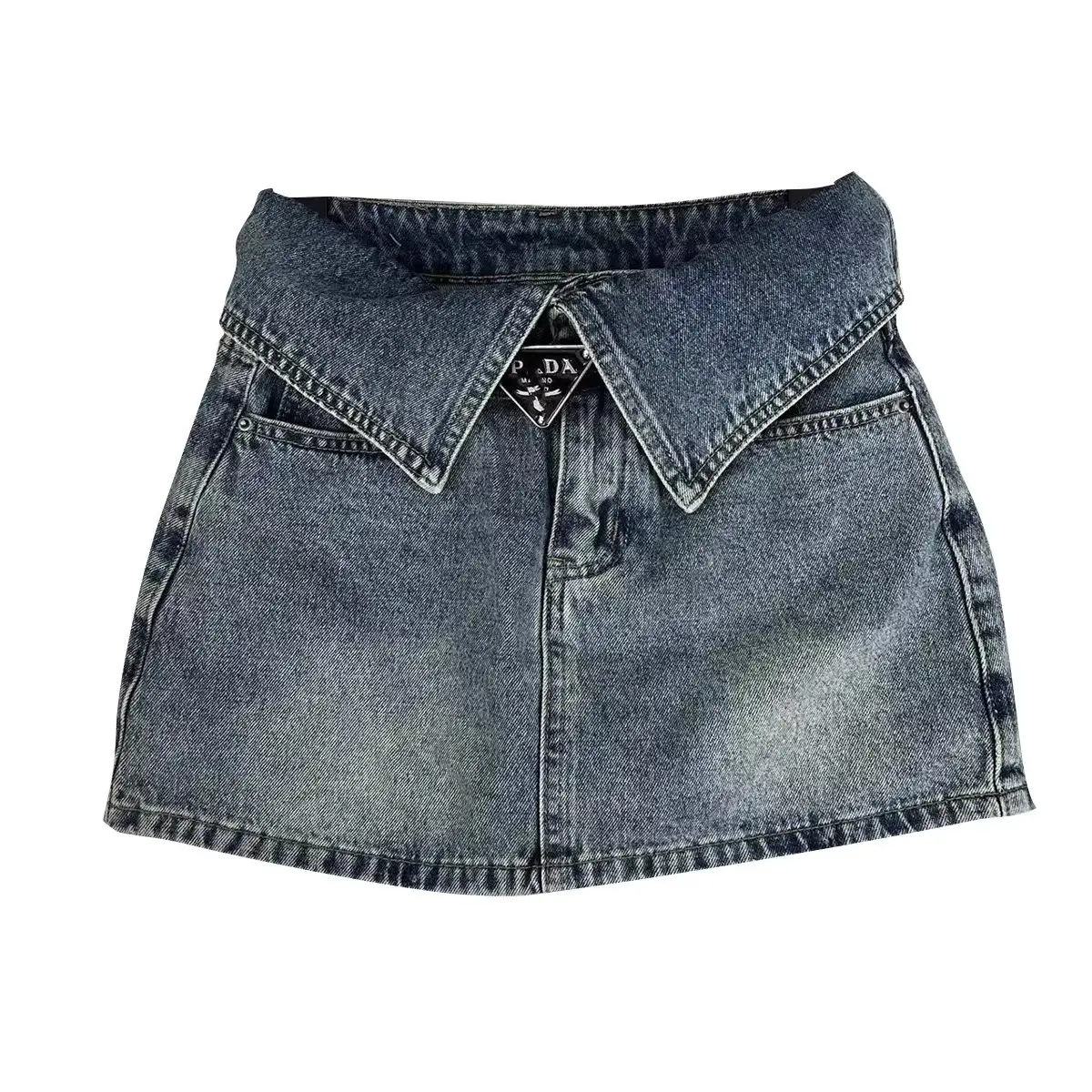 Women Denim High Waist Cuff Skirt Black 2023 — feature 4
