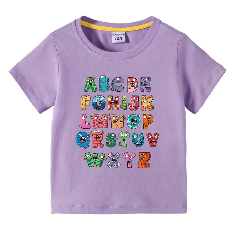 Kids Alphabet T-Shirt Grey Cotton Summer Short Sleeve - Image 5