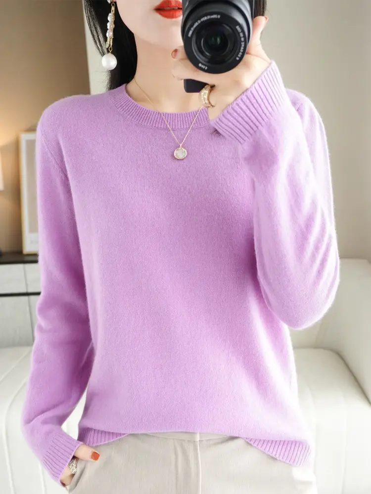 Women's Pink Round Neck Sweater Plus Size Soft Pullover - Image 18