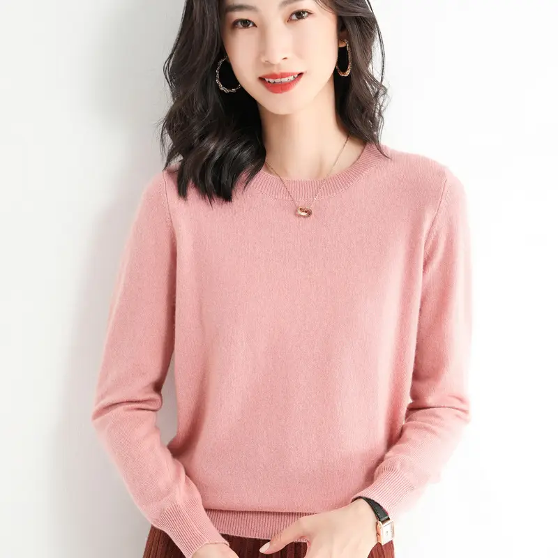 Women's Pink Round Neck Sweater Plus Size Soft Pullover - Image 7