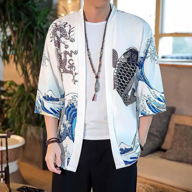 Men's Japanese Ukiyo-e Dao Robe Wave Carp Print Kimono - Image 4
