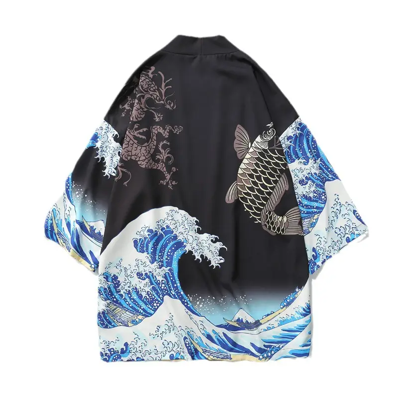 Men's Japanese Ukiyo-e Dao Robe Wave Carp Print Kimono - Image 7