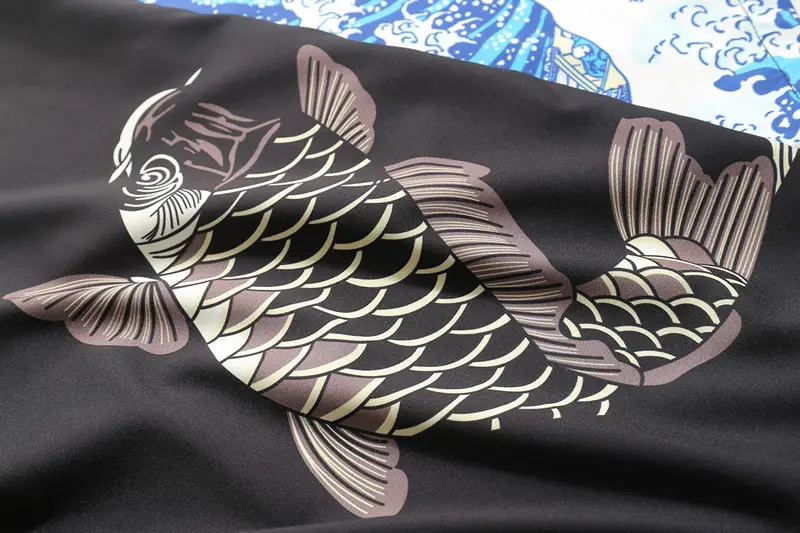Men's Japanese Ukiyo-e Dao Robe Wave Carp Print Kimono — feature 11
