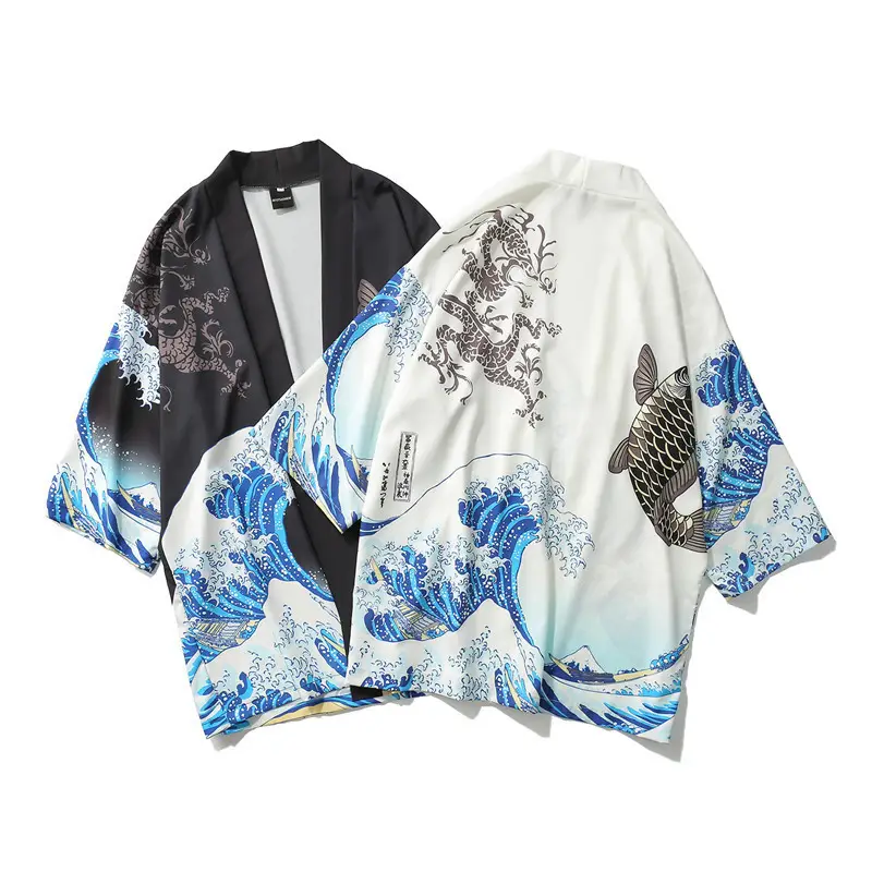 Men's Japanese Ukiyo-e Dao Robe Wave Carp Print Kimono — feature 2
