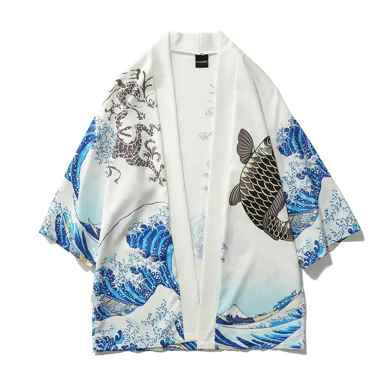 Men's Japanese Ukiyo-e Dao Robe Wave Carp Print Kimono — feature 3