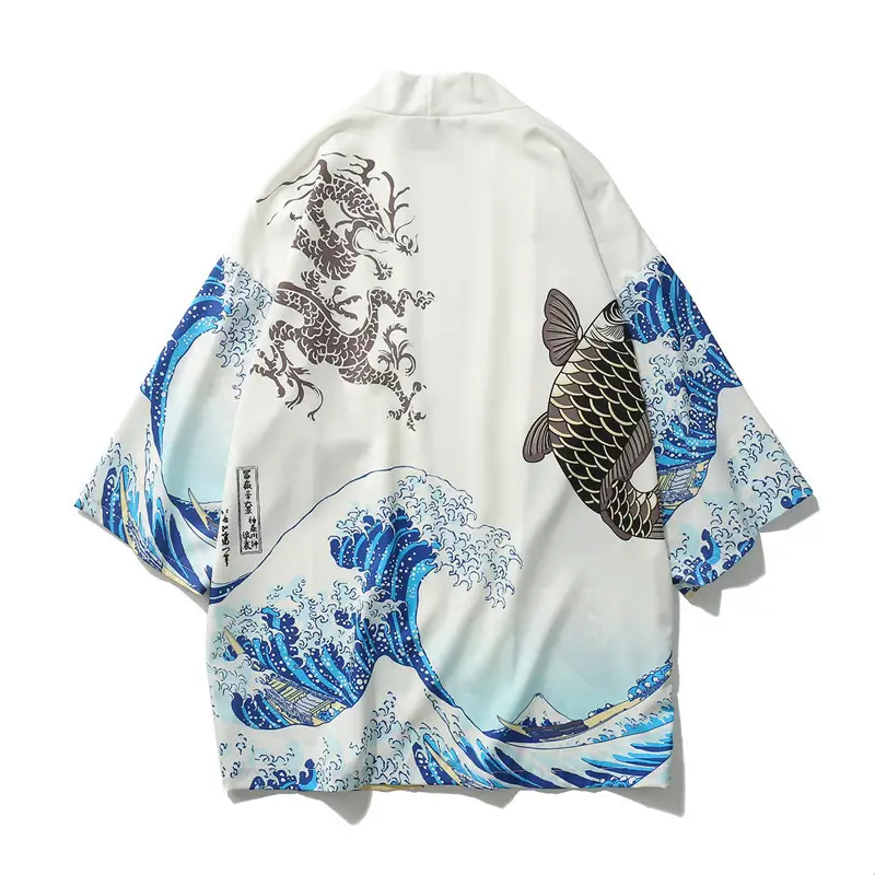 Men's Japanese Ukiyo-e Dao Robe Wave Carp Print Kimono — feature 4