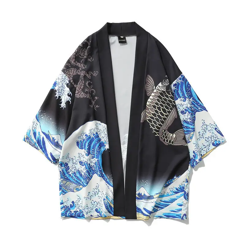 Men's Japanese Ukiyo-e Dao Robe Wave Carp Print Kimono — feature 5