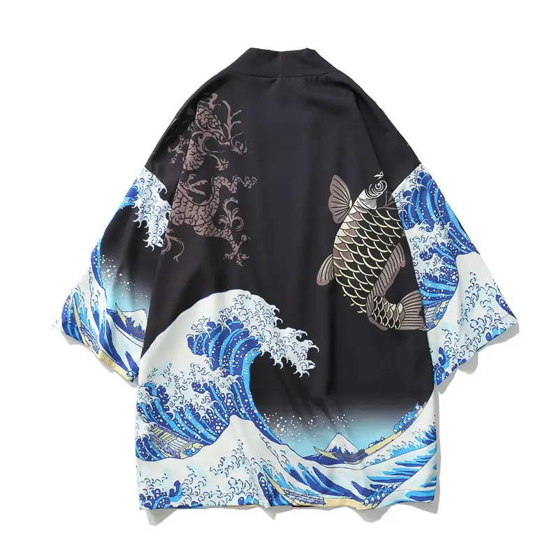 Men's Japanese Ukiyo-e Dao Robe Wave Carp Print Kimono — feature 6