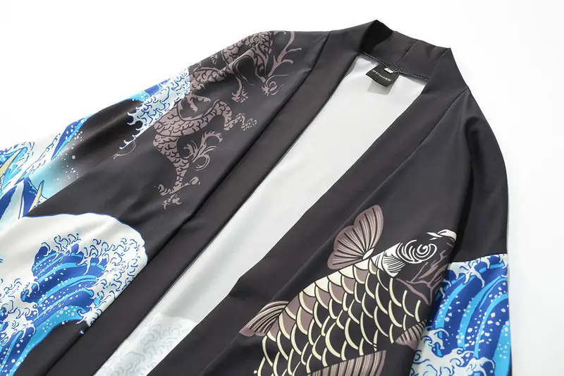 Men's Japanese Ukiyo-e Dao Robe Wave Carp Print Kimono — feature 8