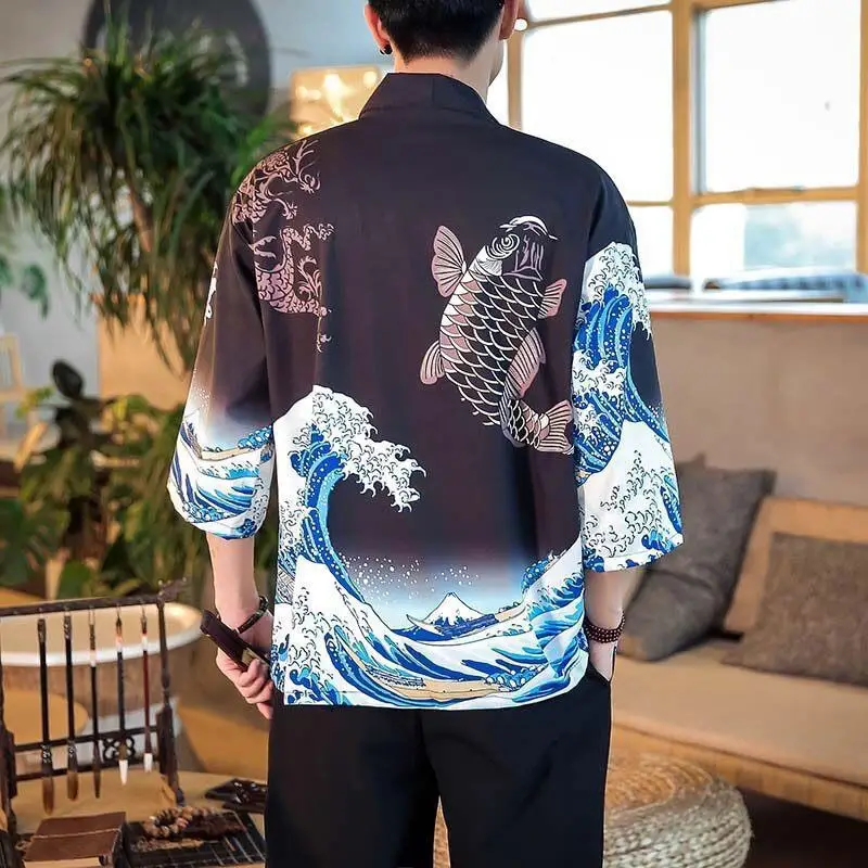 Men's Japanese Ukiyo-e Dao Robe Wave Carp Print Kimono - Image 2