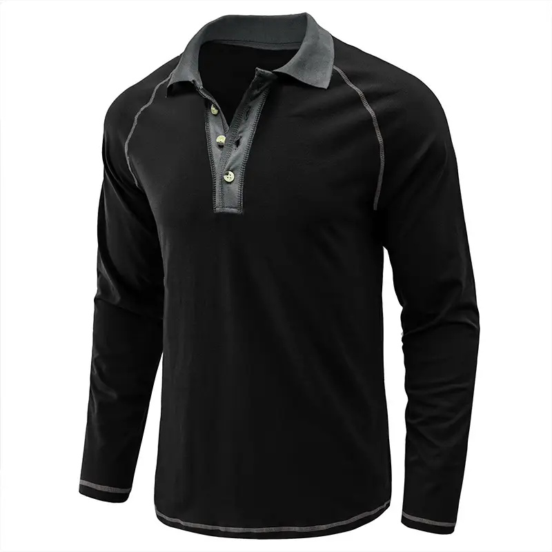 Men's Black Long Sleeve Polo Shirt with Gray Collar - Image 8