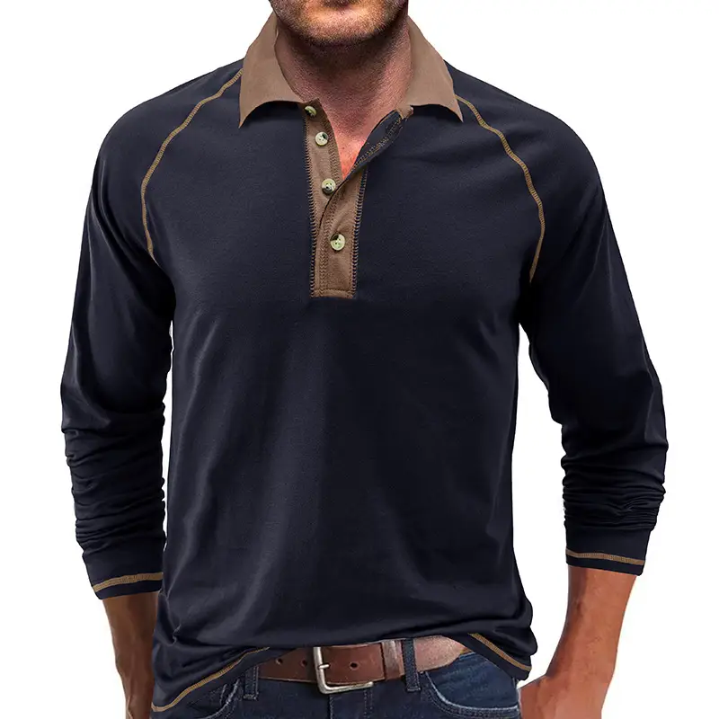 Men's Black Long Sleeve Polo Shirt with Gray Collar - Image 5