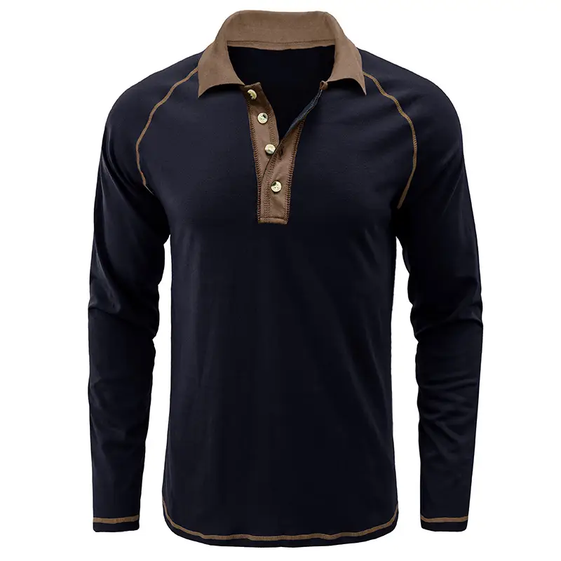 Men's Black Long Sleeve Polo Shirt with Gray Collar — feature 13
