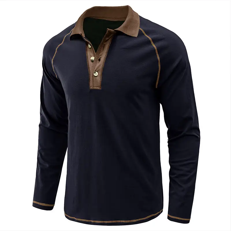 Men's Black Long Sleeve Polo Shirt with Gray Collar — feature 14