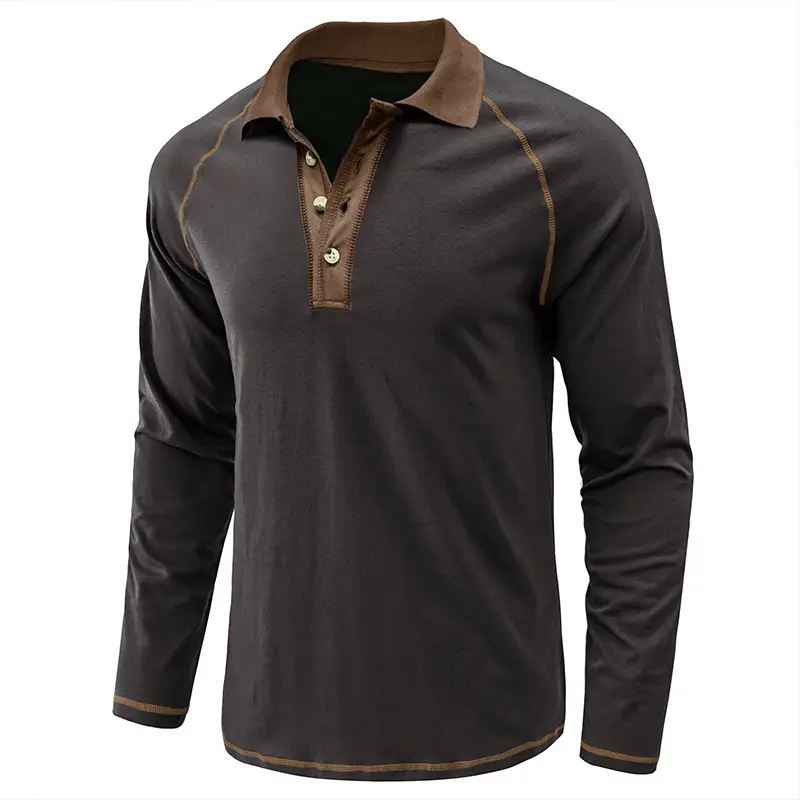 Men's Black Long Sleeve Polo Shirt with Gray Collar — feature 19