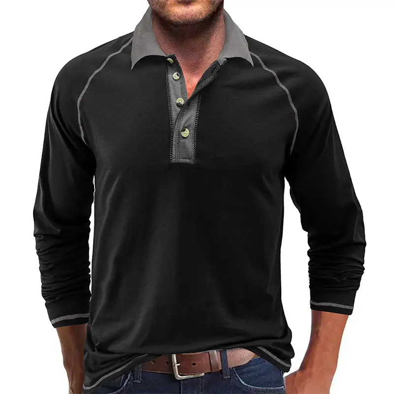 Men's Black Long Sleeve Polo Shirt with Gray Collar — feature 2