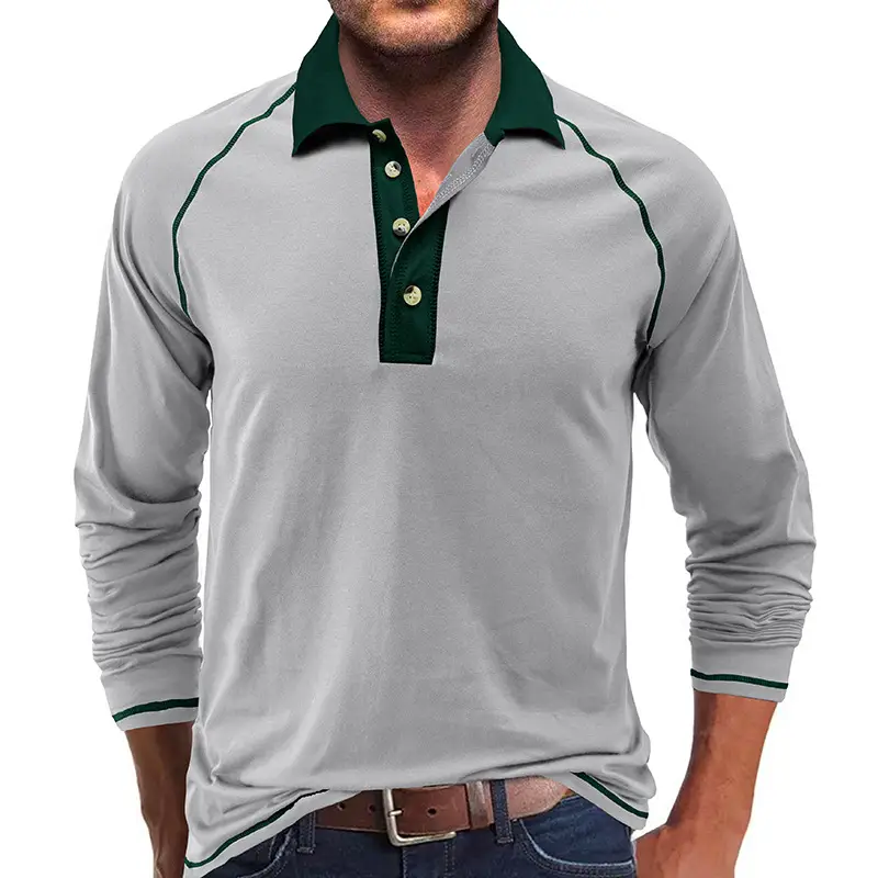 Men's Black Long Sleeve Polo Shirt with Gray Collar — feature 27