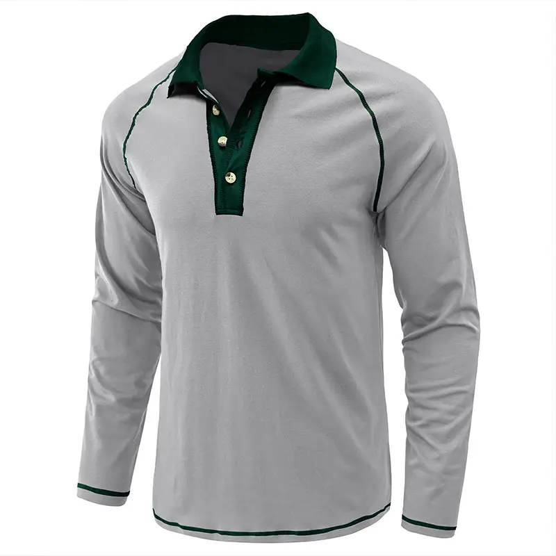 Men's Black Long Sleeve Polo Shirt with Gray Collar — feature 29