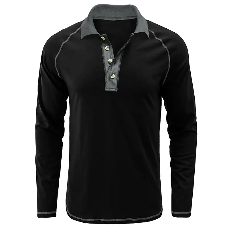 Men's Black Long Sleeve Polo Shirt with Gray Collar — feature 3