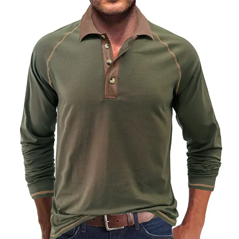 Men's Black Long Sleeve Polo Shirt with Gray Collar — feature 7
