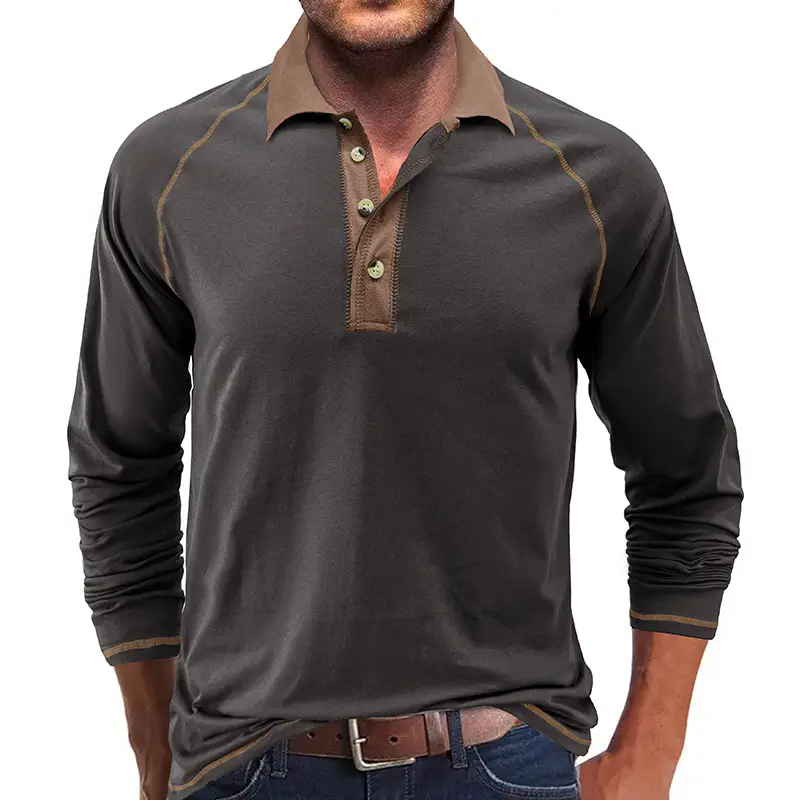 Men's Black Long Sleeve Polo Shirt with Gray Collar - Image 3