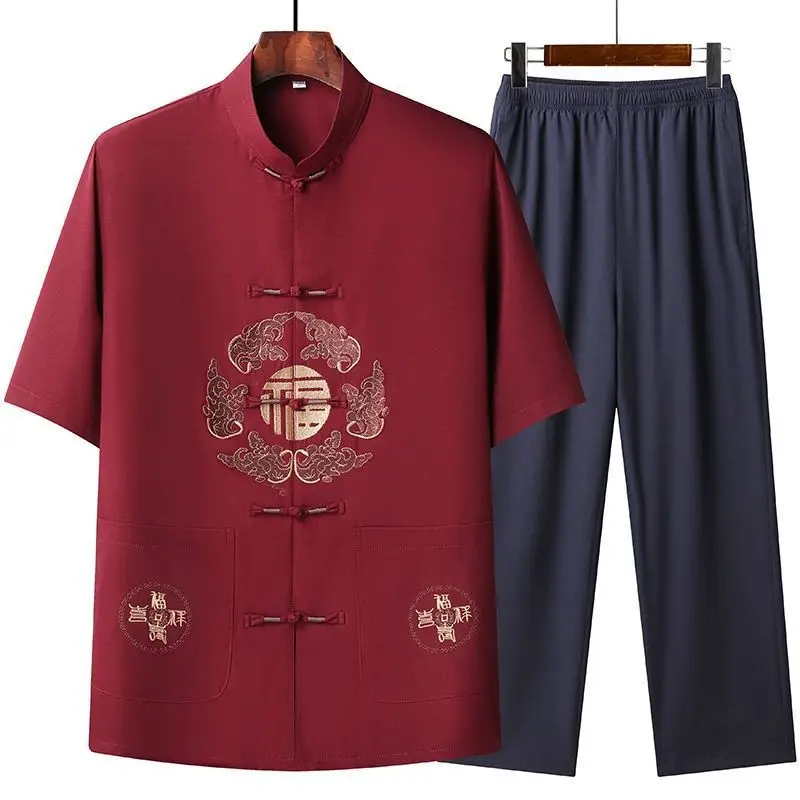Men Chinese Embroidered Ice Silk Suit Navy Blue - Image 13