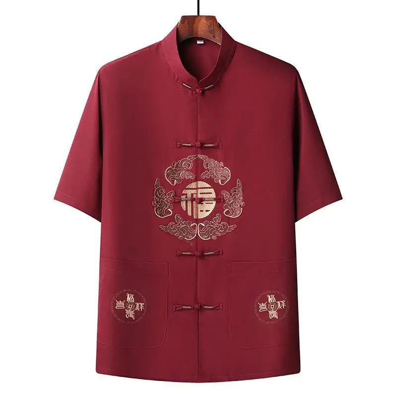 Men Chinese Embroidered Ice Silk Suit Navy Blue - Image 14