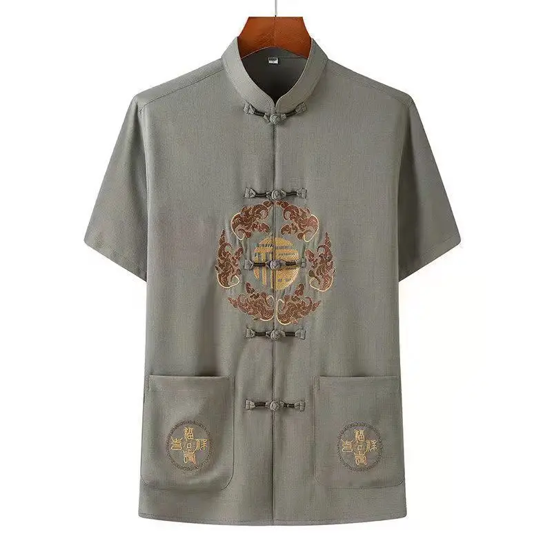Men Chinese Embroidered Ice Silk Suit Navy Blue - Image 10