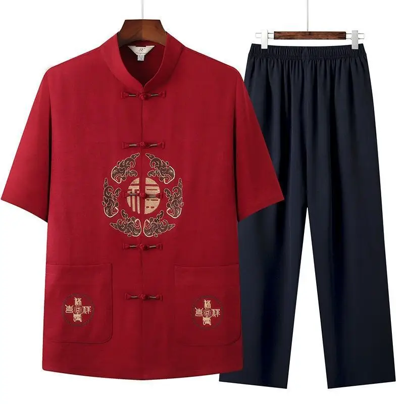 Men Chinese Embroidered Ice Silk Suit Navy Blue - Image 2