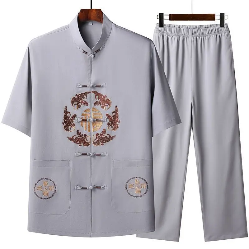Men Chinese Embroidered Ice Silk Suit Navy Blue - Image 3