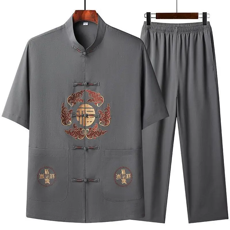 Men Chinese Embroidered Ice Silk Suit Navy Blue - Image 4