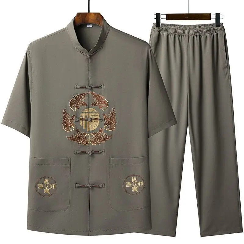 Men Chinese Embroidered Ice Silk Suit Navy Blue - Image 5