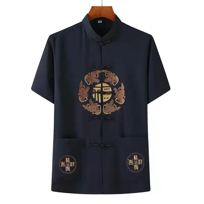 Men Chinese Embroidered Ice Silk Suit Navy Blue - Image 6