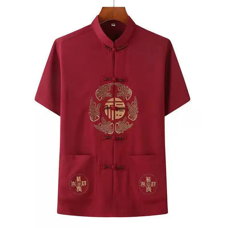 Men Chinese Embroidered Ice Silk Suit Navy Blue - Image 7