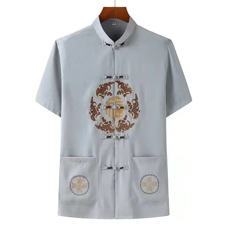 Men Chinese Embroidered Ice Silk Suit Navy Blue - Image 8