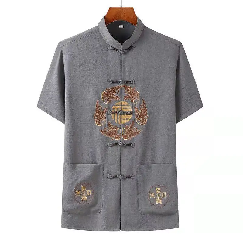 Men Chinese Embroidered Ice Silk Suit Navy Blue - Image 9