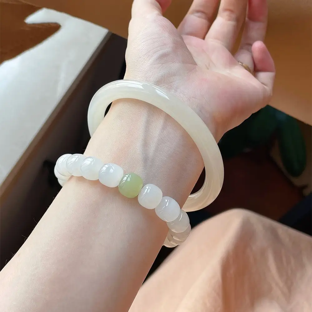Natural Xinjiang Jade Green White Hetian Bracelet for Women