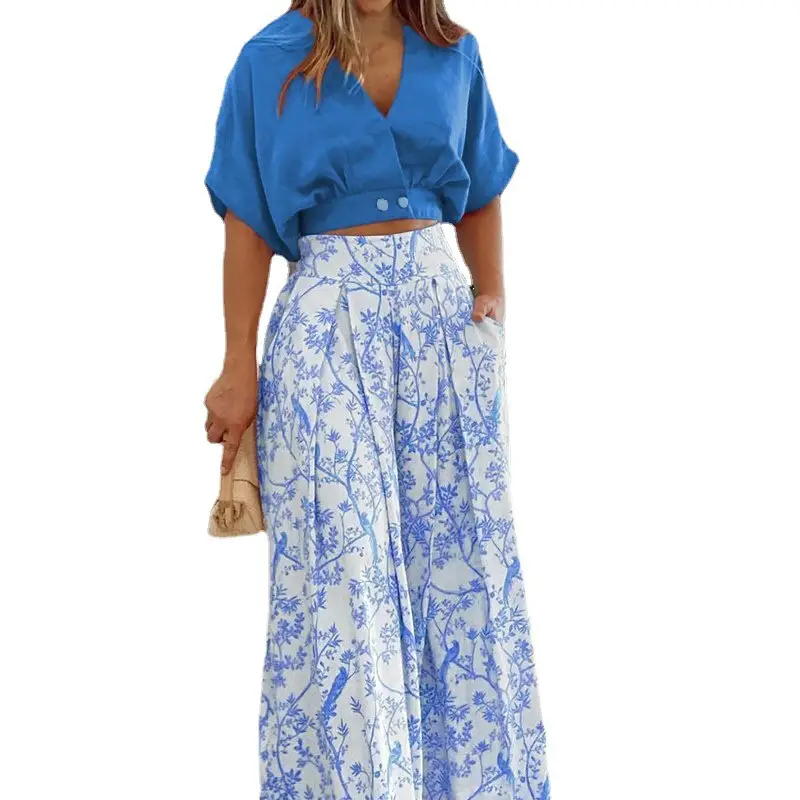 Women V-neck Printed Top & Wide Leg Pants Set